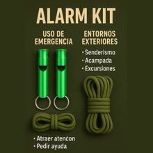 El texto dice «KIT DE ALARMA». Imagen verde del producto que muestra dos artículos y accesorios tipo barra luminosa sobre un fondo oscuro.