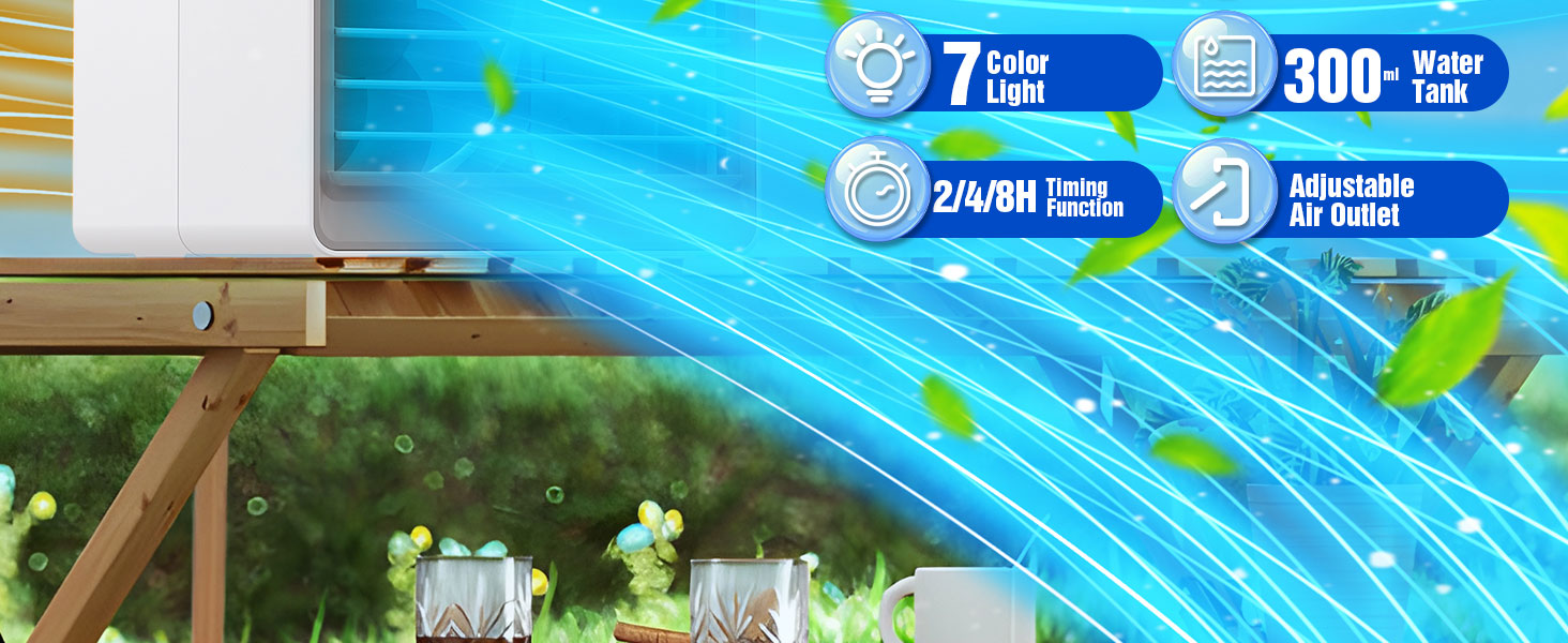 Portable Air Conditioners, 3 Wind Speeds & 7 LED Lights