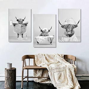 3 Piece Black and White Highland Cow Bathroom Wall Art