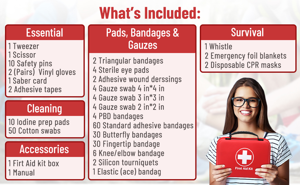 Comprehensive first aid kit includes scissor whitsle tweezer saber card adhesive tapes bandages