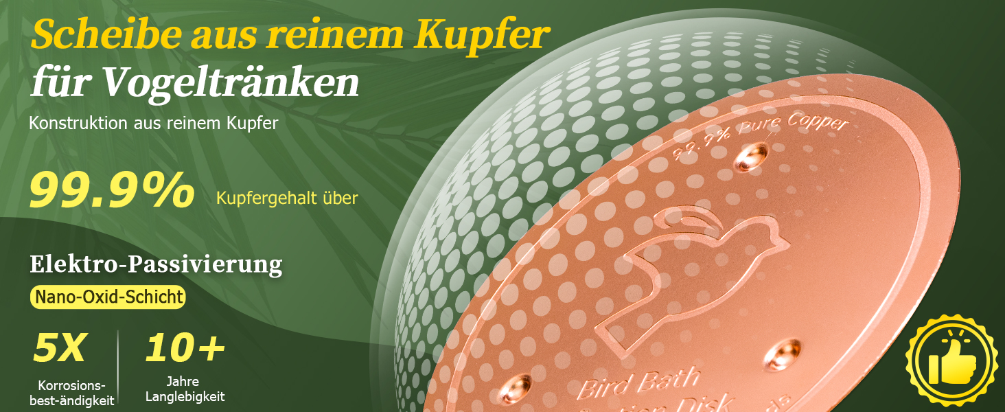 Der Text lautet „Scheibe aus feinem Kupfer für Vogeltränken“ und „99,99%“. Kupferfarbene Scheibe mit strukturiertem Muster und Produktspezifikationen auf Deutsch.