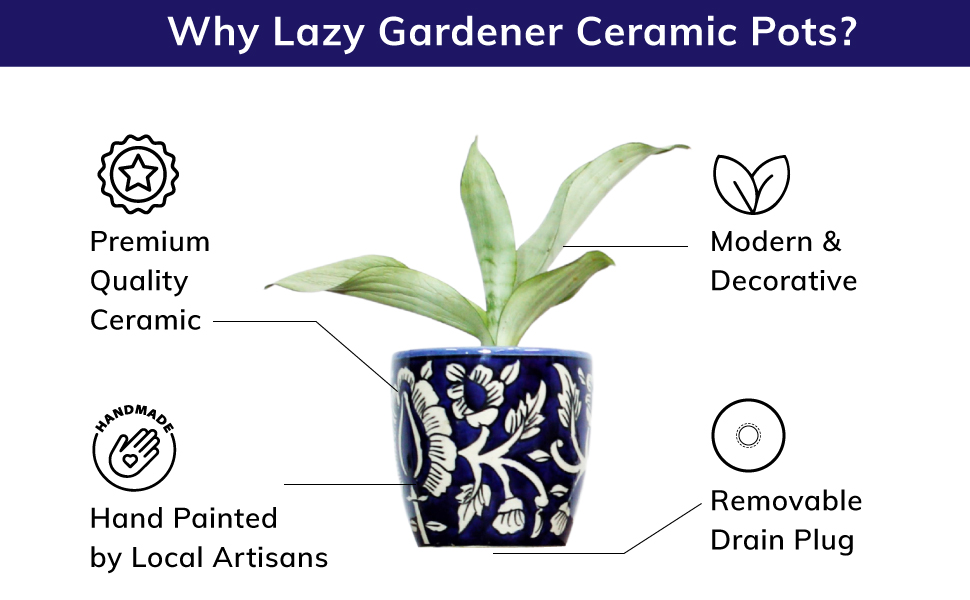 Lazy Gardener Ceramic 4 Inch Plant Pots for Indoor & Outdoor Plants