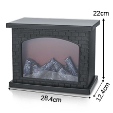 con marco oscuro, que mide 28,4 cm de ancho, 22 cm de alto y 12 cm de profundidad. Muestra llamas artificiales