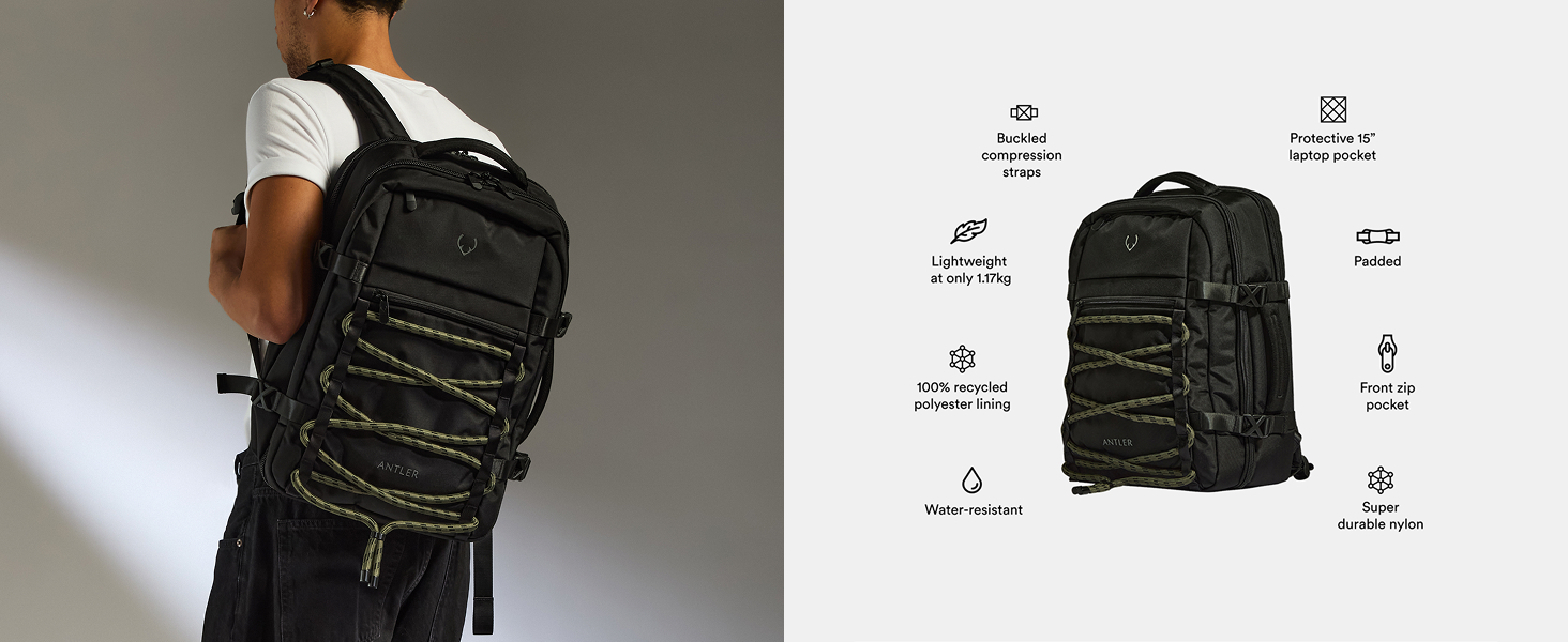 Black tactical-style backpack shown from multiple angles with detailed specification diagrams and features