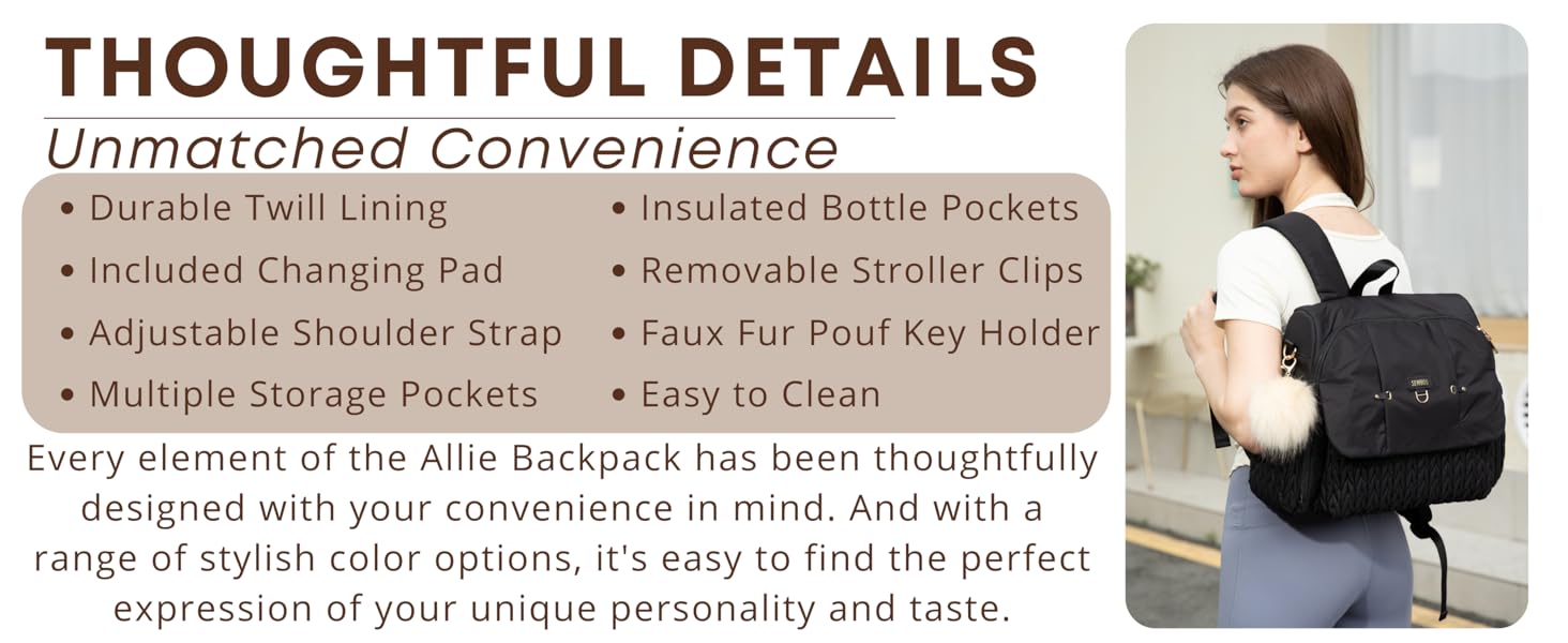 Allie Backpack Stylish Diaper Bag,Travel Baby Bag Insulated Pockets,Changing Pad, Stroller Clips