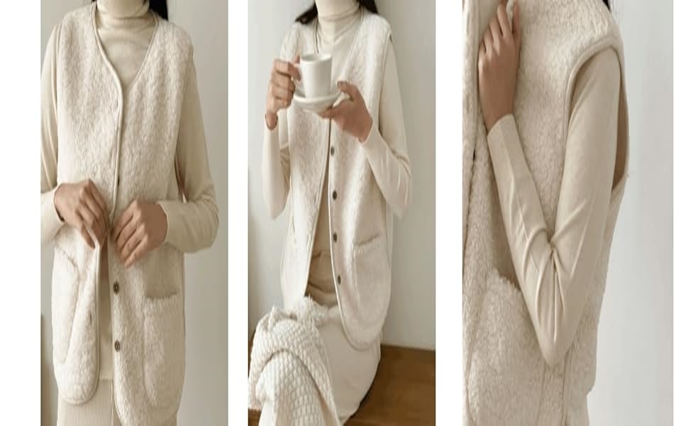 Série de photos montrant des vêtements beiges en lin ou en coton sous différents angles, montrant des pantalons fluides et une combinaison de hauts assortis.