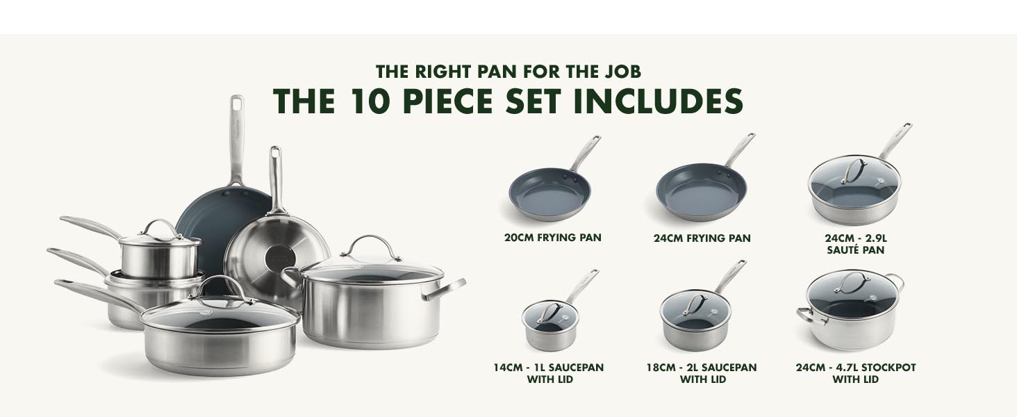 GreenPan Treviso Stainless Steel Healthy Ceramic Nonstick, 10 Piece