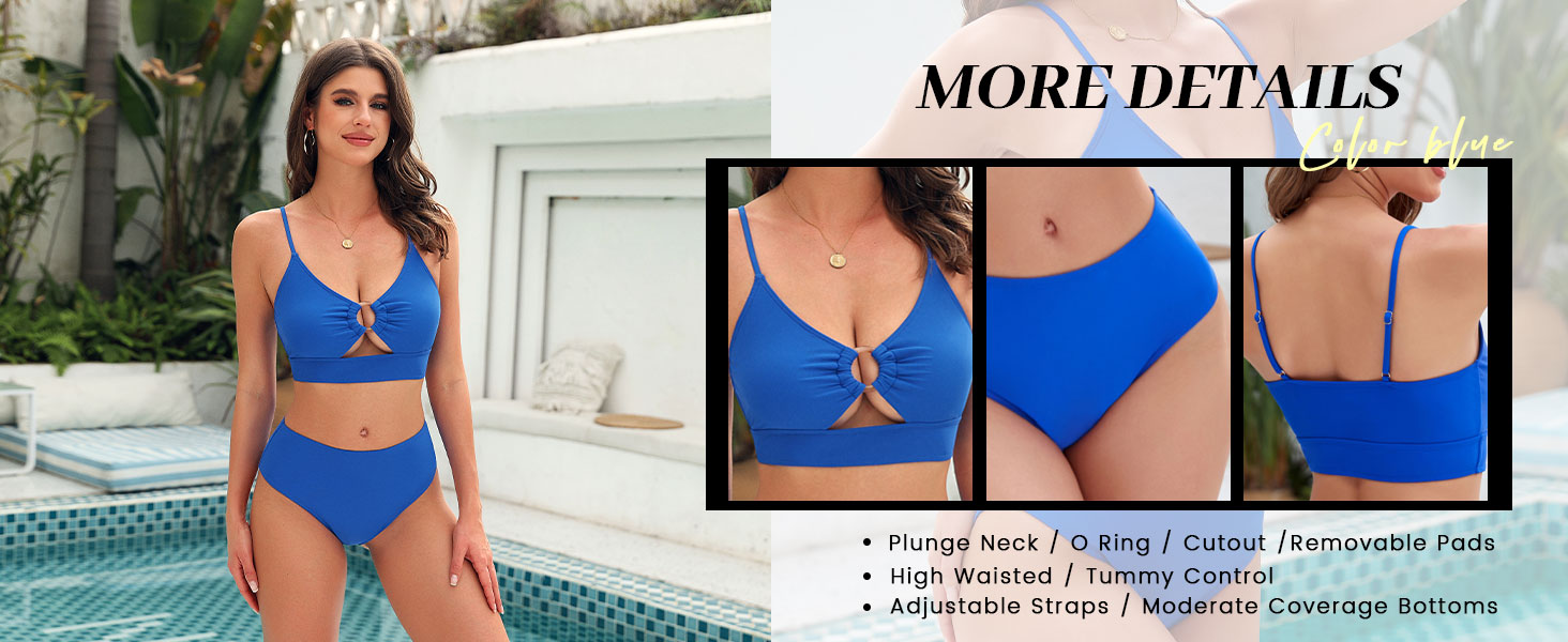 Women's High Waisted Bikini Sets O Ring Cutout Tummy Control 2 Piece Swimsuits High Cut Bathing Suit