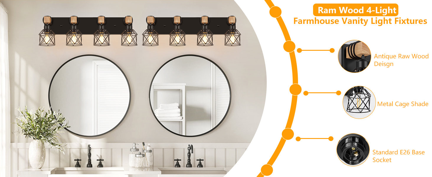 Farmhouse Bathroom Light Fixtures, Wood Bathroom Lighting Fixtures Over Mirror
