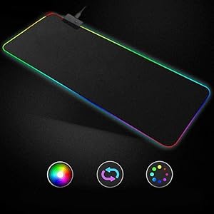 RGB gaming mousepad with illuminated edges displaying various color modes. Control interface shows RGB color wheel and lighting pattern options.