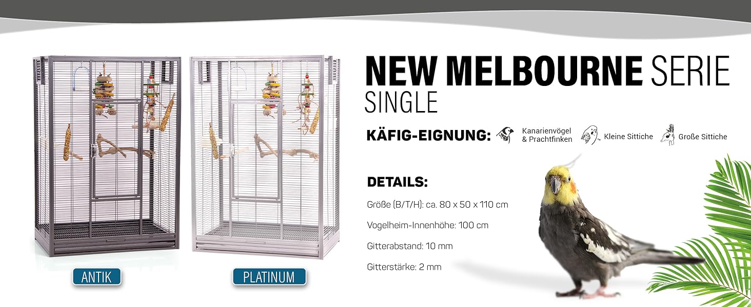 Das Produktbild zeigt zwei große Vogelkäfige mit der Aufschrift „NEW MELBOURNE SERIE SINGLE“. Die angegebenen Spezifikationen und Details sind für die Abmessungen und Funktionen des Käfigs aufgeführt