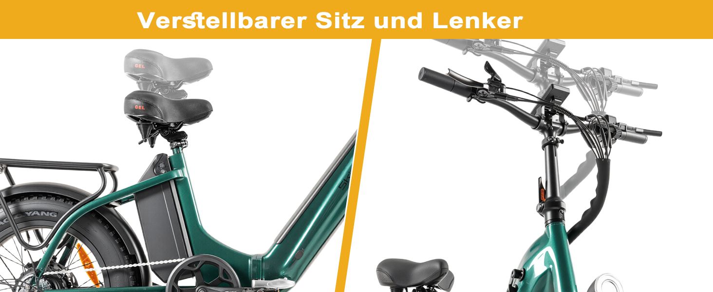 Grünes Elektrofahrrad mit verstellbarem Sitz und Lenker, mit Heckträger und Vorderkorb