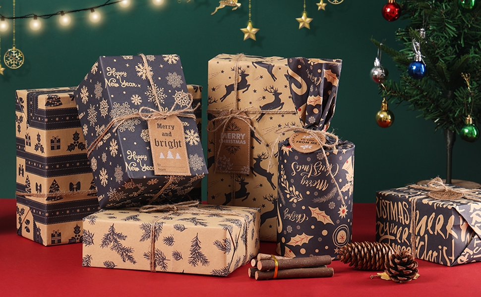 Christmas Wrapping Paper, 12 Sheets Navy Blue and Brown