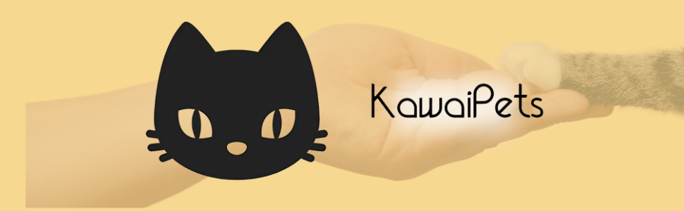 Silhouette stylisée d'un visage de chat noir aux grands yeux sur fond jaune. Le texte « KawaiiPets » figure à droite du chat.