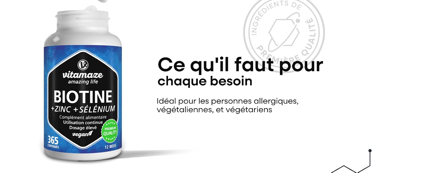 Flacon de supplément vitaminique étiqueté « Biotine Zinc + Sélénium ». Contenant blanc avec étiquette bleue et noire. Le texte français indique l'adéquation à divers besoins alimentaires.