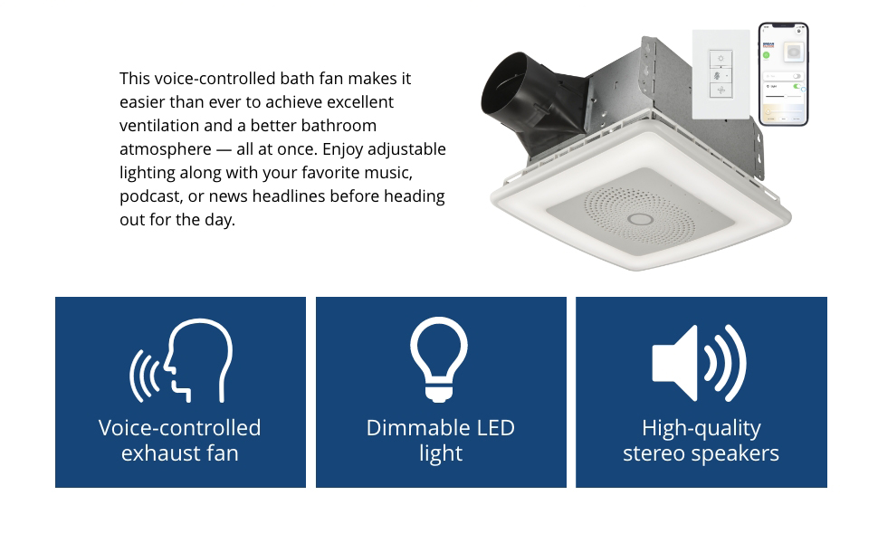 BroanNuTone VC110CCT Sensonic Alexa Voice Controlled Smart Exhaust Fan, White, 13.25"x13.25"x5