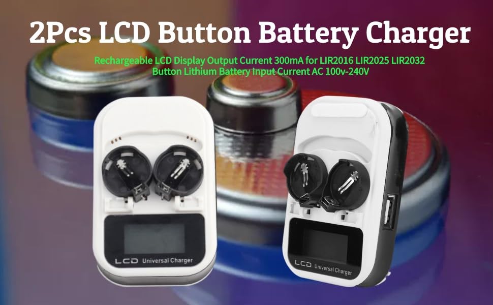 2Pcs LCD Button Battery Charger, Rechargeable LCD Display Output Current 300mA for LIR2016