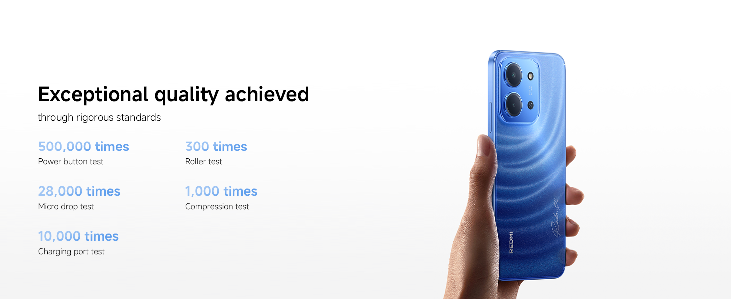 Text reads 'Exceptional quality achieved'. Product image shows light purple smartphone being held against gradient background.