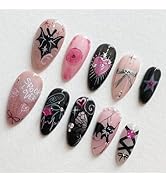 24Pcs Halloween Press on Nails Medium Almond Fake Nails Pearl Star Rhinestones Designs Horror Bat...