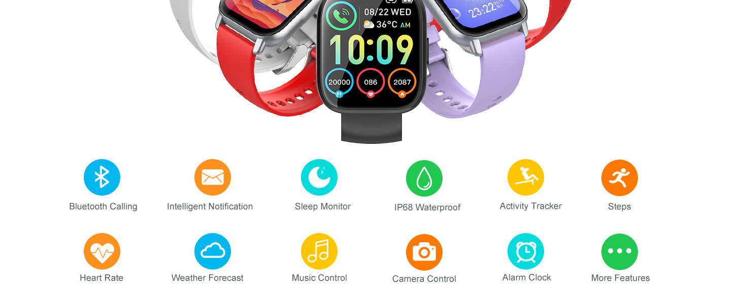 Menu interface showing six colorful circular icons with symbols for common smartwatch functions, including time display showing 10:09.