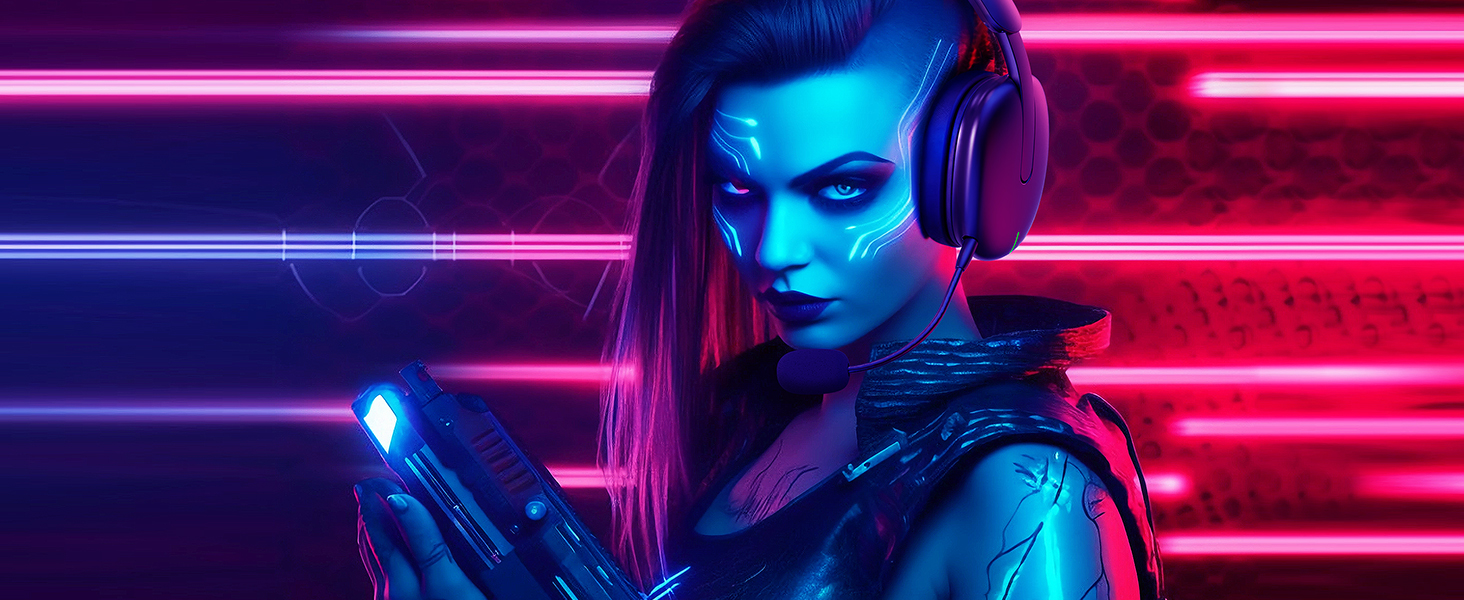 Atmospheric gaming scene with neon lighting effects in pink and blue, featuring gaming headphones against striped light background.