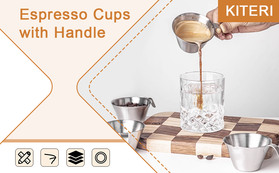 KITERI 2 Pcs Stainless Steel Espresso Measuring Cup, 3.5oz/100ml Espresso Shot Cups Scale Marks Espresso Pouring Cup Heat Resistant Espresso Cups with Handle for Barista Coffee Espresso Accessories 9 Stainless Steel Espresso Measuring Cup with Handle