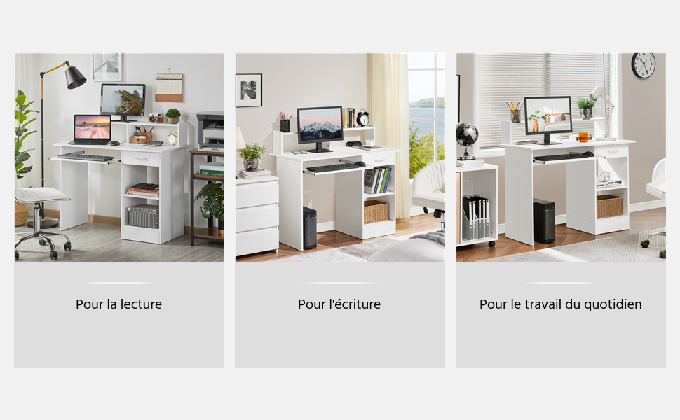 Trois images de configurations de bureaux modulaires blanches. Les légendes en français indiquent les utilisations pour la lecture, l'écriture et le travail quotidien