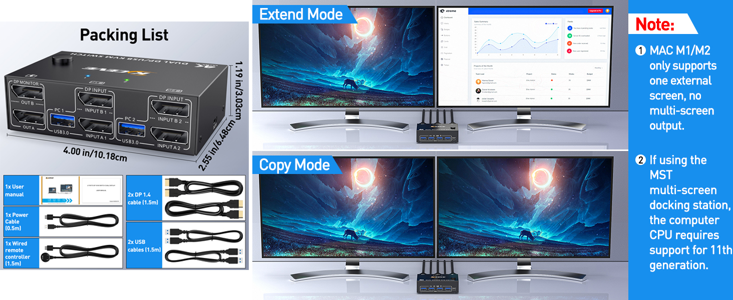 KVM Switch Dual Monitor DisplayPort 1.4 8K30Hz 4K144Hz 2