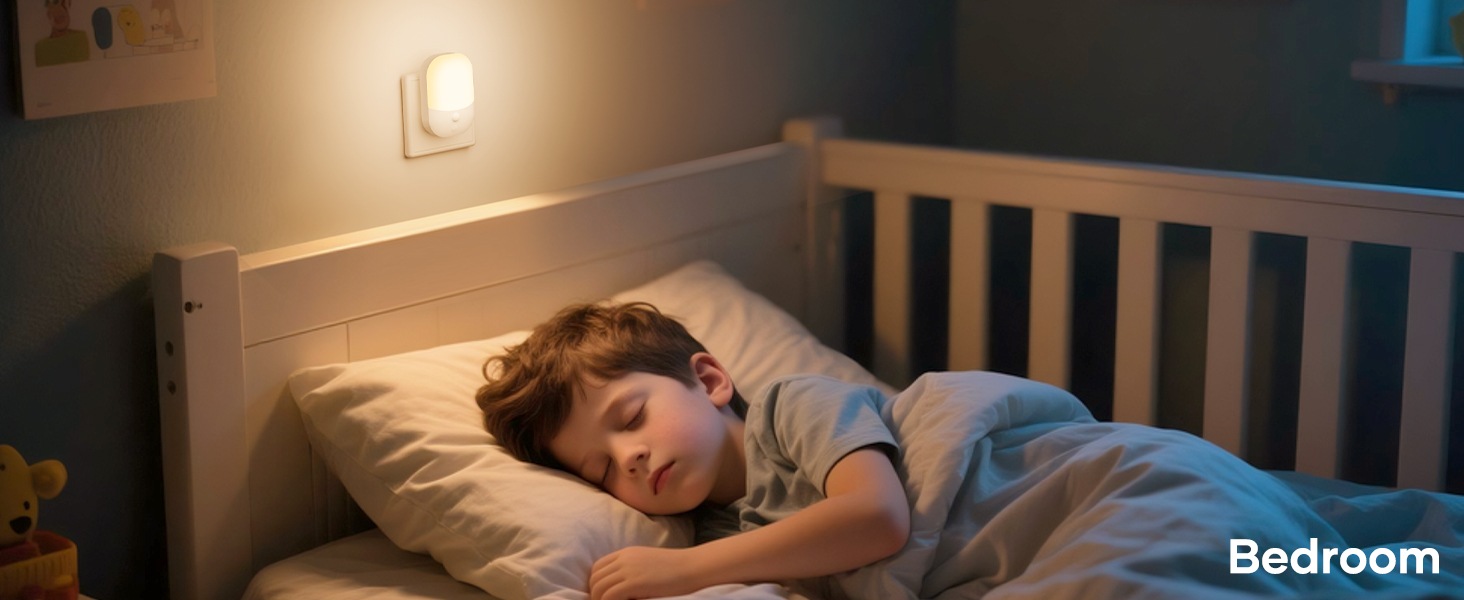 Text reads 'Bedroom'. Dimly lit bedroom scene showing sleep environment with ambient lighting.