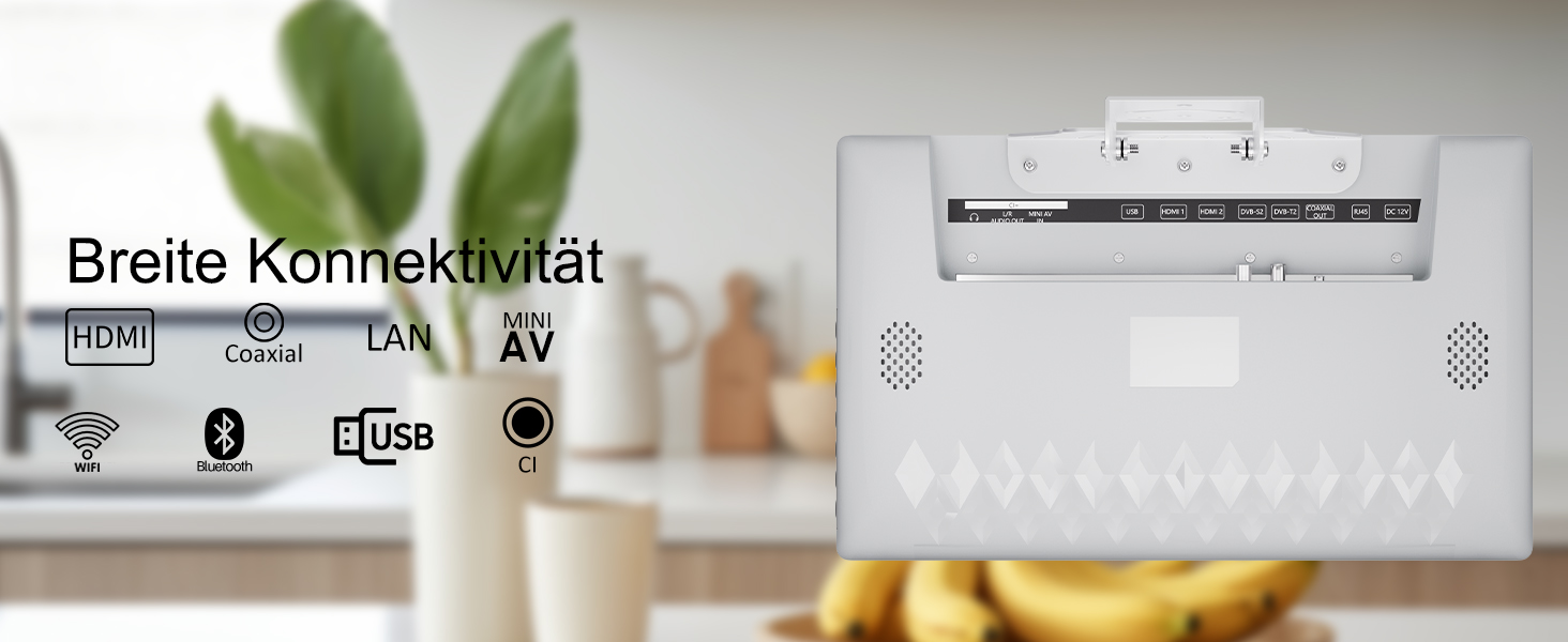 Weißes elektronisches Gerät mit Bildschirm und mehreren Verbindungsoptionen wie WLAN, Bluetooth und USB. Symbole weisen auf umfangreiche Konnektivitätsfunktionen hin.