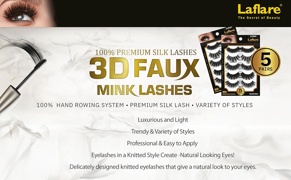 Laflare Premium Silk Lashes 3D Faux Mink Eyelashes Multipack, ln a Knitted Style 5 Pairs Value Pack