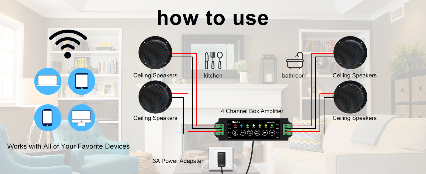 Description Picture 6 of itemHerdio 4‘’ 320W Ceiling Bluetooth Speakers 2 Way Flush Mount Ceiling Speakers For Bathroom Kitchen Home Theater Black 2 pair