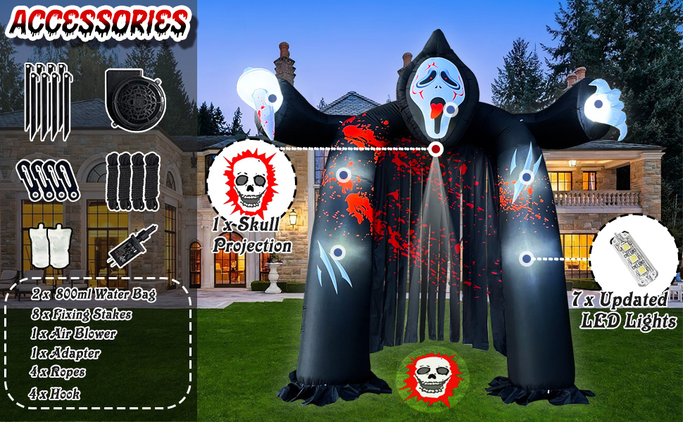 11 FT Halloween Inflatables Archway with Ghost and Buildin LEDs, Blow