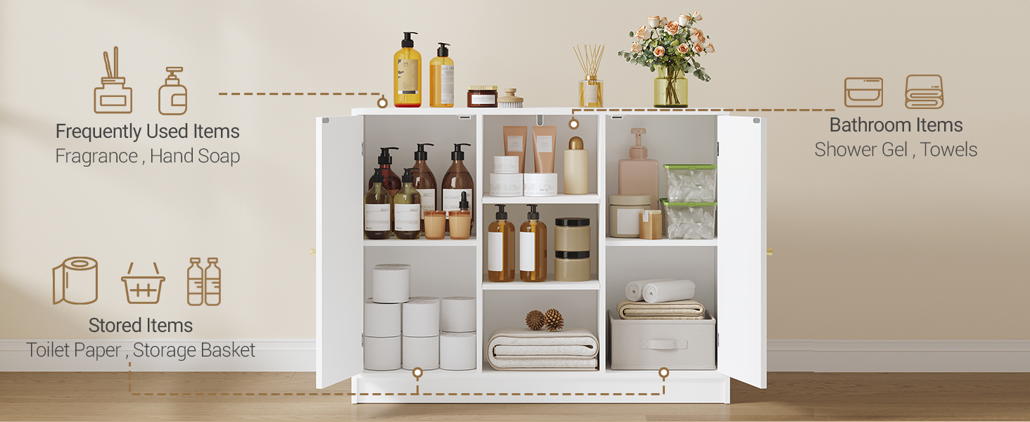 Weißer Badezimmerschrank mit offenen Türen, in dem verschiedene Toilettenartikel, Handtücher und Badartikel in Fächern aufbewahrt werden. Illustrierte Etiketten geben Lagerkategorien an.