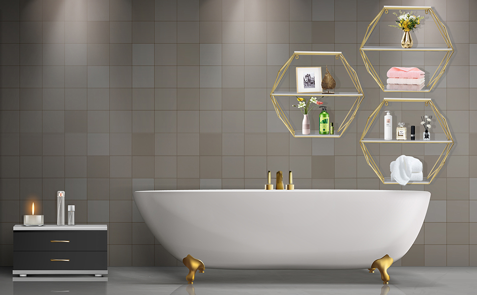 Clear Acrylic Gold Hexagon Shelves with Artificial Ivy LED