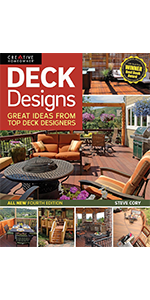 Cover art for Deck Designs, showing wooden decks with outdoor furniture, fire pits, and tables.