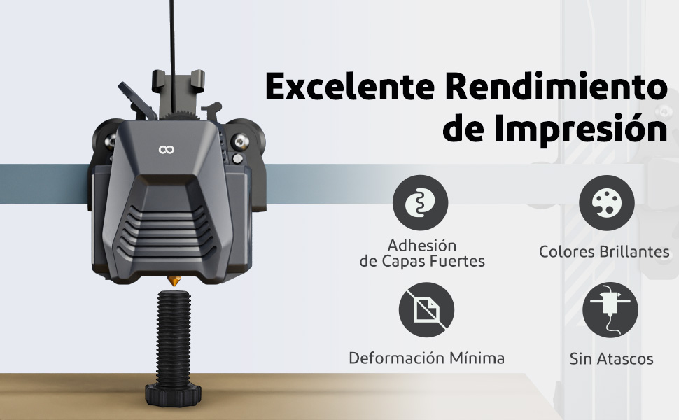 Dispositivo de impressora com braço mecânico mostrando texto em espanhol destacando características de desempenho de impressão, incluindo forte adesão e deformação mínima