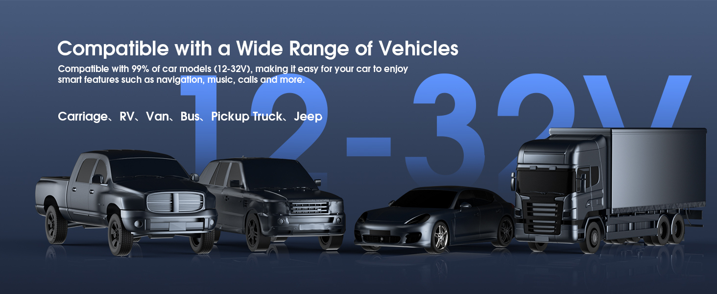 Vehicle compatibility display showing various vehicle types: carriage, RV, van, bus, pickup truck, Jeep, car, and semi-truck. Text indicates '-32V' compatibility range.