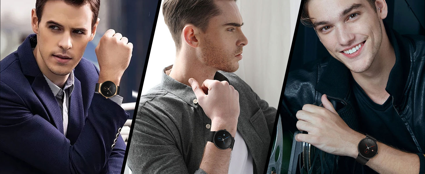 Three panels showing men wearing sleek, modern wristwatches. The watches feature dark faces and metallic bands, showcased on wrists in various poses against contrasting backgrounds.