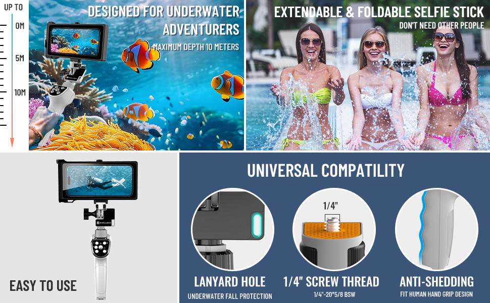 Designed for Underwater Adventurers(Max Depth 10M), Extendable & Foldable Selfie Stick.