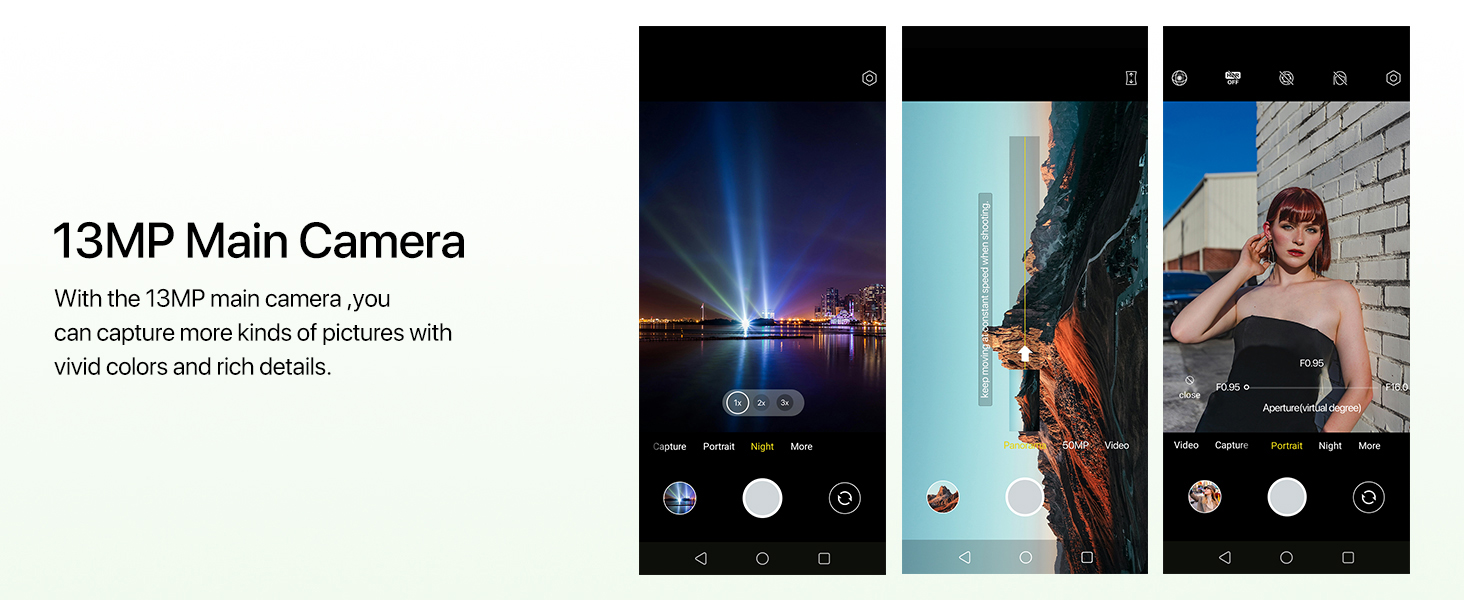 Smartphone interface showcasing 13MP main camera feature. Display shows camera app with nighttime cityscape and portrait mode examples.