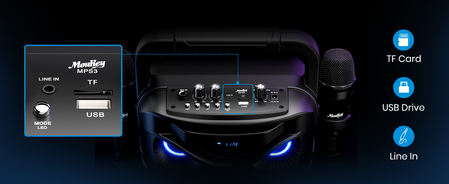 Moukey Enceinte Karaoké avec 2 Microphones sans Fil, Karaoke Complet