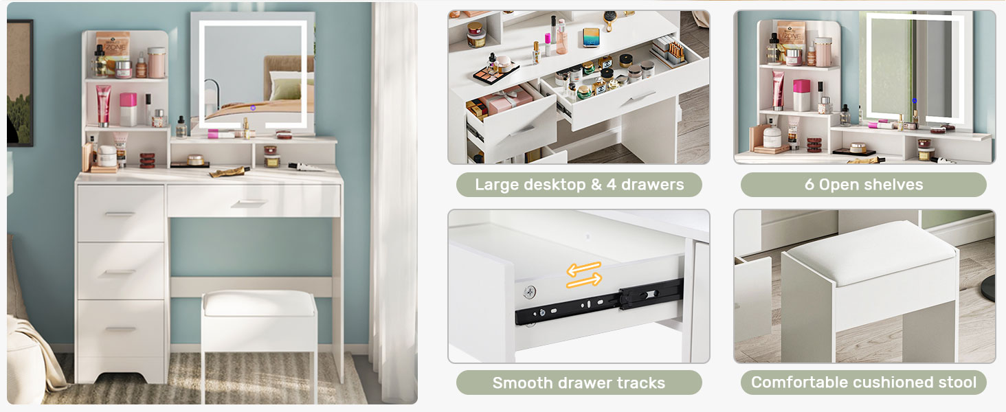 Vanity Desk with Mirror and Lights, Makeup Vanity with