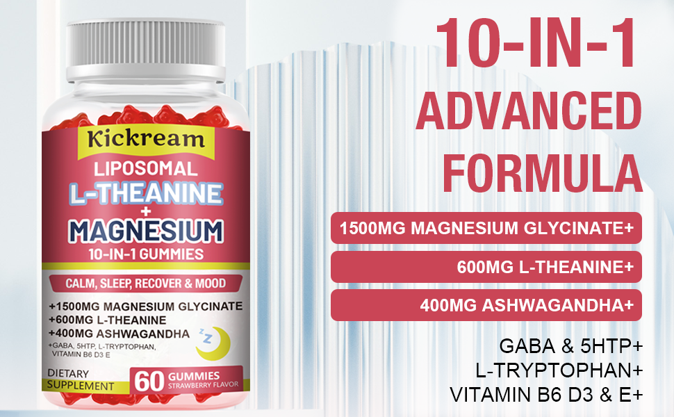 Liposomal Magnesium Glycinate 1500mg L-Theanine 600mg Gummies with Ashwagandha, GABA, 5HTP, Vitamin B6 & D3, Lemon Balm Leaf, L theanine Supplement Magnesium Gummies for Relax Mood & Muscle, 2 Pack