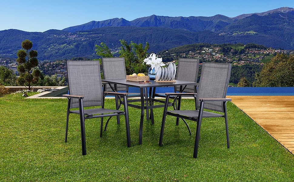 PHIVILLA 2 PCS Aluminium Patio Dining Chairs Set,Textilene Outdoor Stackable Chairs With Wooden Armest For Garden, Poolside, 12 table and chair set