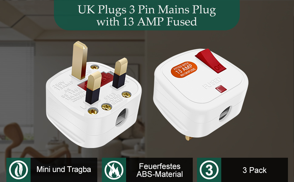 3 Pack UK Plugs with Switch, UK 13 A Fused Mains Plugs, 3 Pin Plug UK Plug 250V with Cord Grip