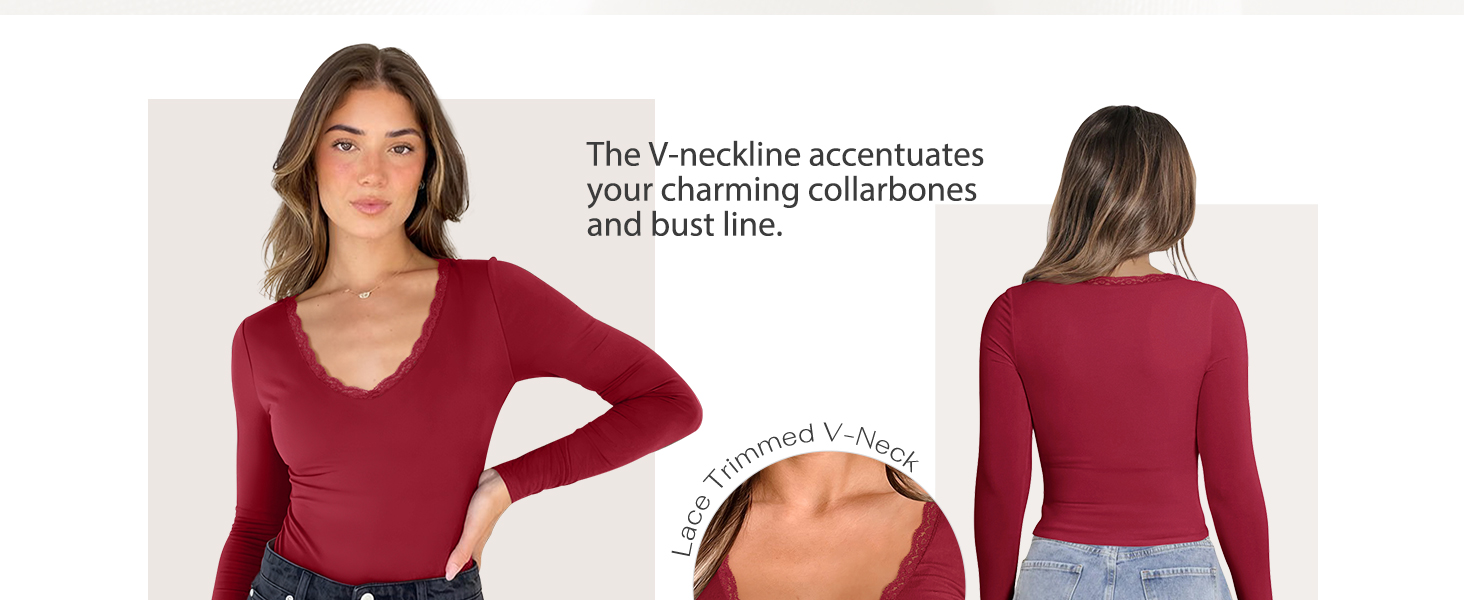 PINKMSTYLE Women Sexy V Neck Lace Long Sleeve Shirts Basic Fitted Double Lined Going Out Y2K Trendy Fall Tops 6 long sleeve double lined top