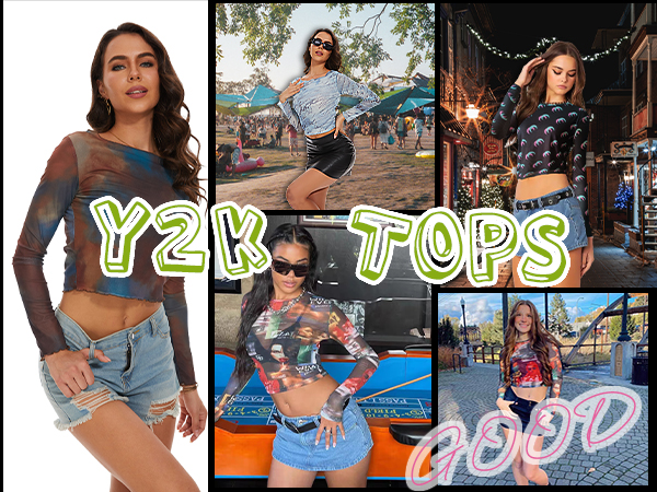 DUKBUBI Women's Mesh Long Sleeve Top Y2K Crop Tops Sexy