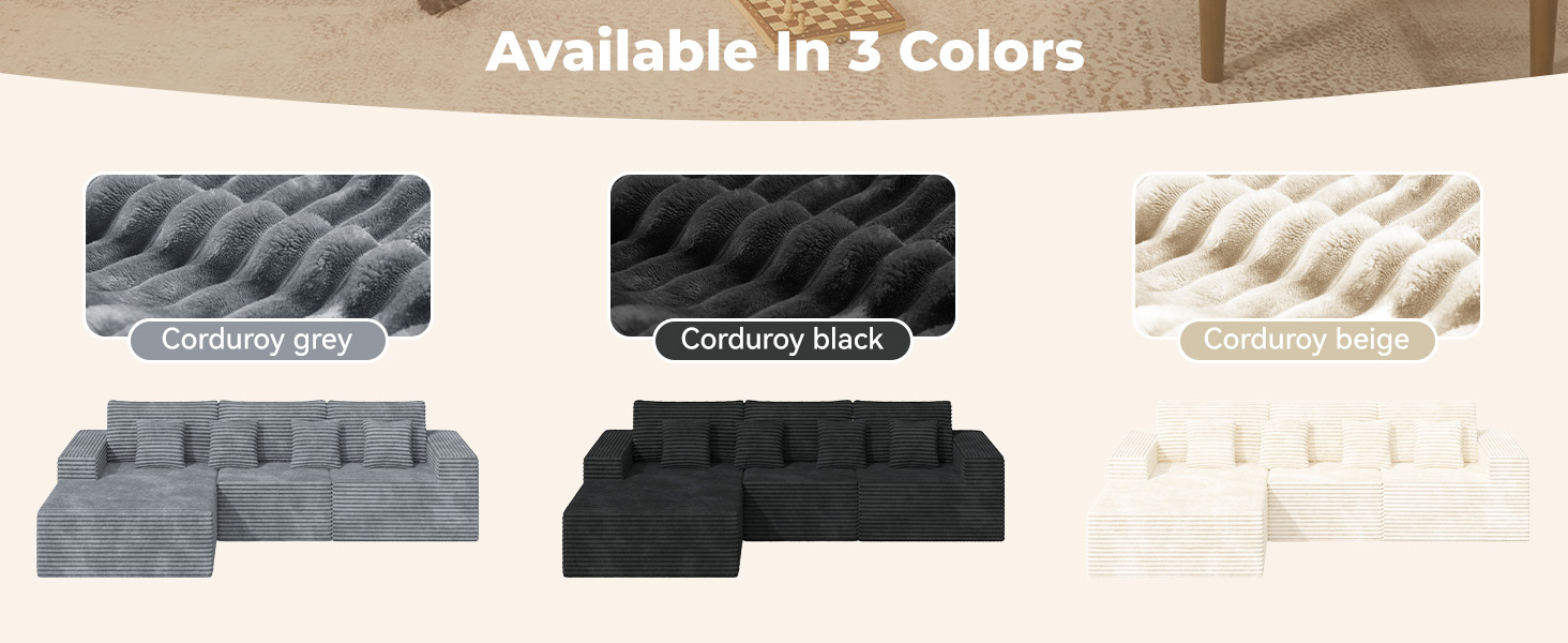 Der Text lautet „In 3 Farben erhältlich“. Präsentation von modularen Möbeln oder Organisationselementen in den Farboptionen Grau, Schwarz und Beige.