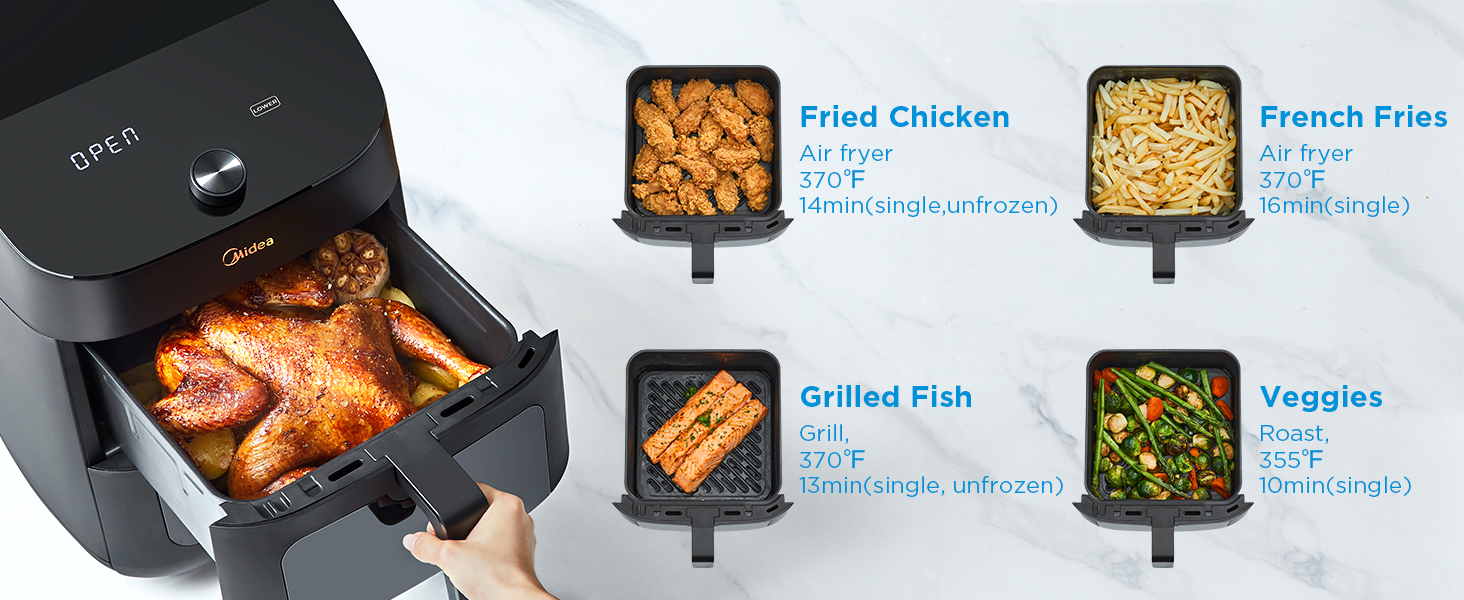 Midea 11 Quart 8-in-1 Dual Deck Air Fryer with 2 Independent Frying Baskets, Smart Sync Finish,